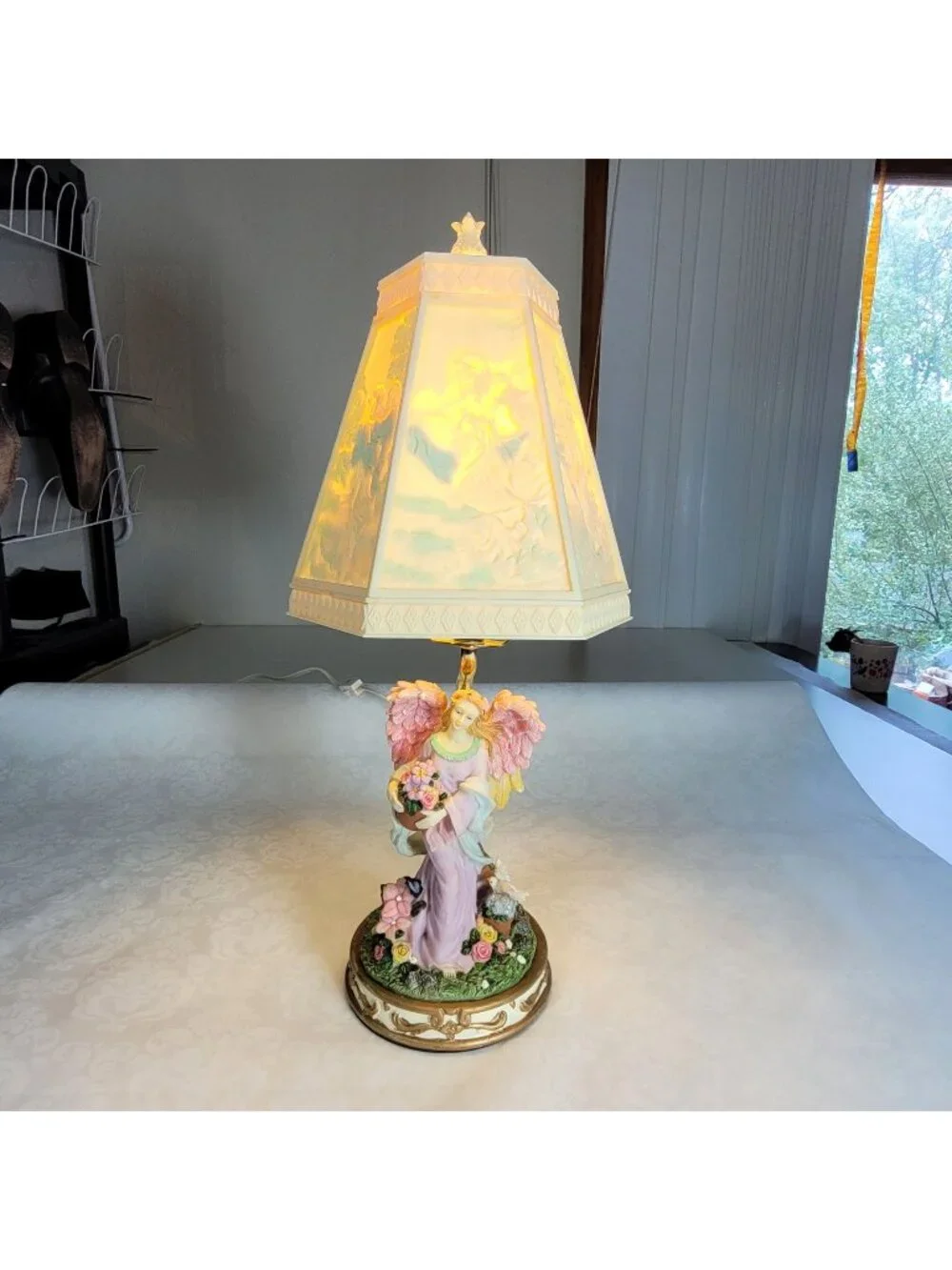 Vintage Indian Lamp Angel Flowers and Dove Lithophone Resin Plastic